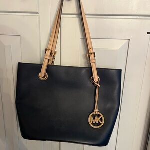Michael Kors Navy Leather Tote with Beige Straps and Gold MK Charm